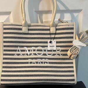 Amour Paris Striped Black and Cream Tote Bag